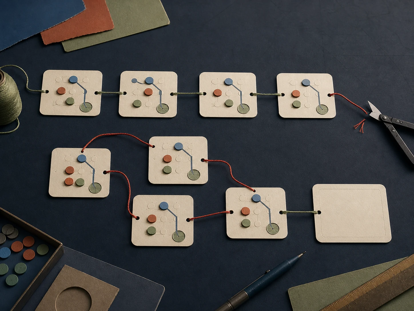 Conceptual state cards connected by valid and looping paths